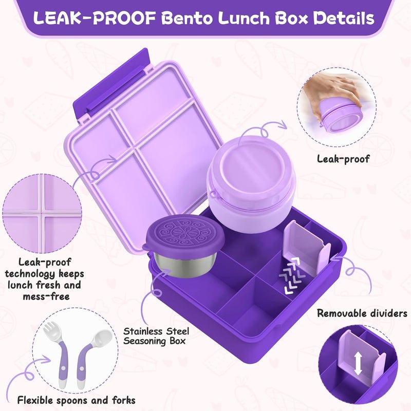 Aimsnk Kids Bento Lunch Box with 8oz Soup Thermo, Kids Leakproof Lunch Food Containers with 4 Compartment,Insulated Hot Food Jar with Lunch Bag for School, Travel (Purple) - Image 4